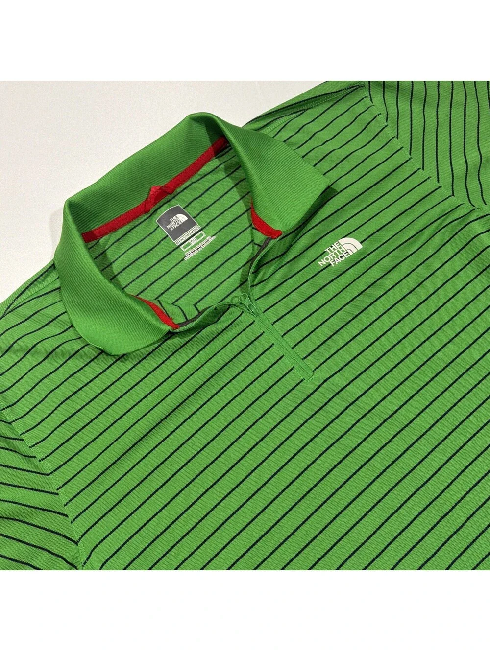 The North Face Mens Shirt Size LargeGreen Polo Striped Zip Short Sleeve Collared